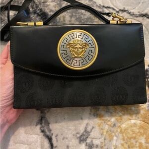 Versace Black and Gold Clutch with Medusa Detail